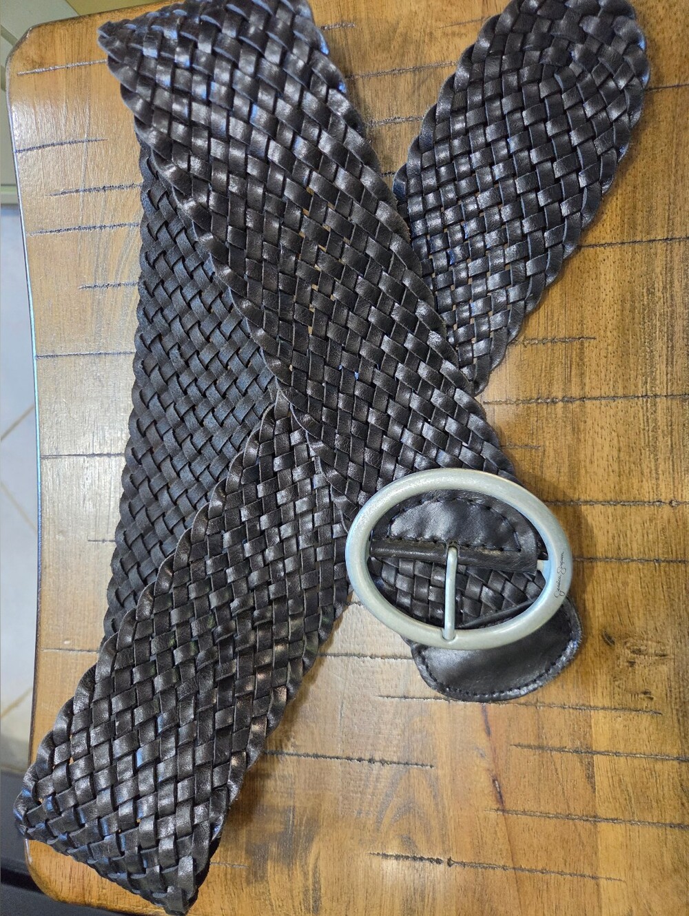 Jessica Simpson Braided Leather Belt in Dark Brown with Silver Buckle XL